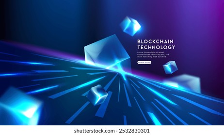Blockchain technology background with floating digital cubes, glowing light trails and a blue purple data landscape for security and finance concepts.