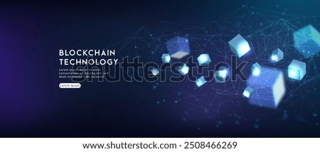 Blockchain technology background with floating digital cubes, glowing particles and a purple network landscape for data, security and finance concepts.
