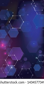 Blockchain Technology Background. Futuristic Cyberspace with Hexagon Fractals. Vertical Template BG for Mobile Device. Digital Tehnology Backdrop. Vector  Technology Blockchain Background.