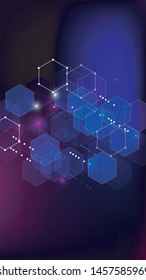 Blockchain Technology Background. Futuristic Cyberspace with Hexagon Fractals. Vertical Template BG for Mobile Device. Digital Tehnology Backdrop. Vector  Technology Blockchain Background.