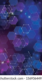 Blockchain Technology Background. Futuristic Cyberspace with Hexagon Fractals. Digital Tehnology Backdrop. Vertical Template BG for Mobile Device. Vector  Technology Blockchain Background.