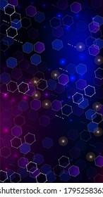 Fondo de la tecnología Blockchain. Ciberespacio futurista con fractales hexagonales. El telón de fondo de la tecnología digital. Plantilla vertical BG para dispositivo móvil. Fondo de la cadena de bloqueo de la tecnología vectorial.