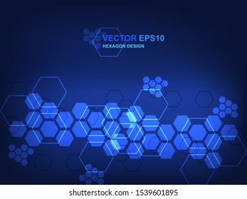 Blockchain technology background. Futuristic modern hi-tech blue background. Technology hexagon concept background for digital technology, science, research and innovation medicine.