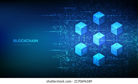 Blockchain technology background made with binary code. Information blocks in cyberspace. Decentralized network. Fintech cryptocurrency. Matrix background with digits 1.0. Vector illustration.