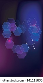 Blockchain Technology Background. Vertical Template BG for Mobile Device. Futuristic Cyberspace with Hexagon Fractals. Digital Tehnology Backdrop. Vector  Technology Blockchain Background.