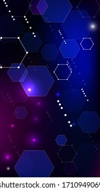 Blockchain Technology Background. Vertical Template BG For Mobile Device. Digital Tehnology Backdrop. Futuristic Cyberspace With Hexagon Fractals. Vector  Technology Blockchain Background.