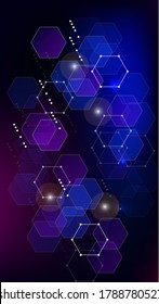 Blockchain Technology Background. Vertical Template BG for Mobile Device. Futuristic Cyberspace with Hexagon Fractals. Digital Tehnology Backdrop. Vector  Technology Blockchain Background.