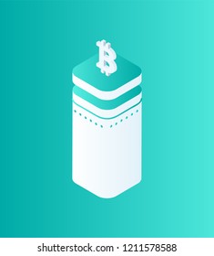 Blockchain technology bitcoin cryptocurrency isolated isometric icon 3d vector. Pedestal made of plates and logo of coin on top. Financial issues
