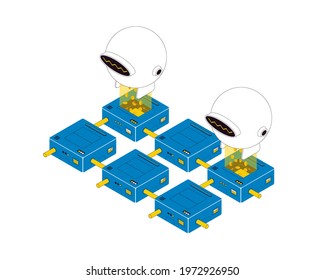 Blockchain Technology. Bitcoin Mining Isometric Composition. Blockchain and Cryptocurrency on White Background. Vector Illustration.