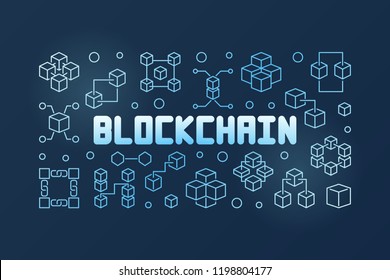 Blockchain technology blue outline banner. Vector illustration in thin line style on dark background
