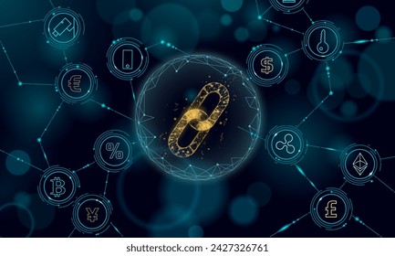 Blockchain technology business concept low poly. Polygonal point line geometric design. Icons chain link internet hyperlink connection blue vector illustration