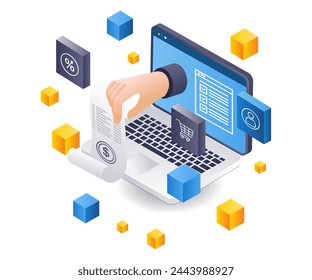 Concepto de ilustración isométrica de informe de pago de negocios de tecnología Blockchain