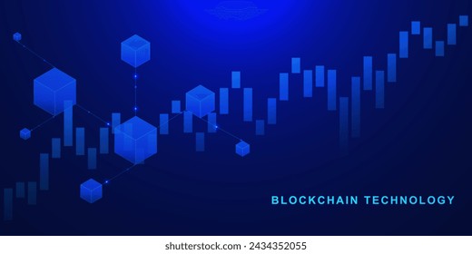 Blockchain technology with candlestick chart graph and digital linked block contain cryptography and transaction data on a futuristic technology background. Vector illustration.