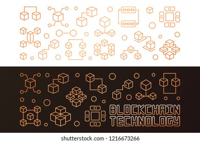 Blockchain technology colored golden horizontal banners in thin line style. Vector illustration