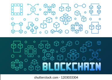 Blockchain technology colored linear banners set. Vector modern illustration in thin line style