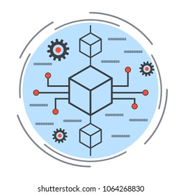Blockchain technology, computer network thin line vector concept illustration