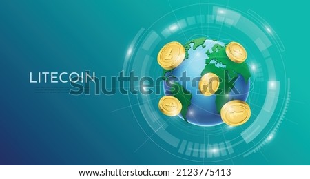 Blockchain technology concept with the 3D litecoin and world background. Realistic vector illustration.