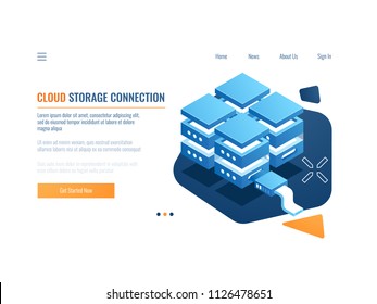 Blockchain technology concept, access for encryption data, server room, web hosting and database connection isometric vector illustration