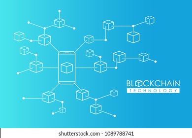 Blockchain technology concept banner with mobile phone and isometric blocks. Block chain data protection. Vector illustration