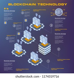 Blockchain technology, concept of big data processing, Isometric data center, vector information processing and storage