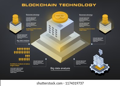 Blockchain technology, concept of big data processing, Isometric data center, vector information processing and storage