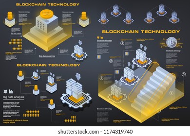 Blockchain technology, concept of big data processing, Isometric data center, vector information processing and storage