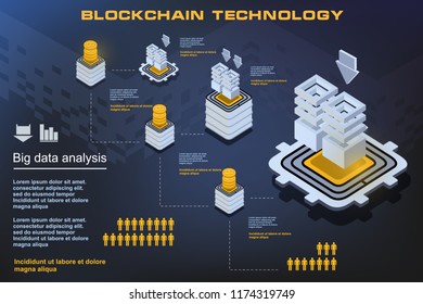 Blockchain technology, concept of big data processing, Isometric data center, vector information processing and storage