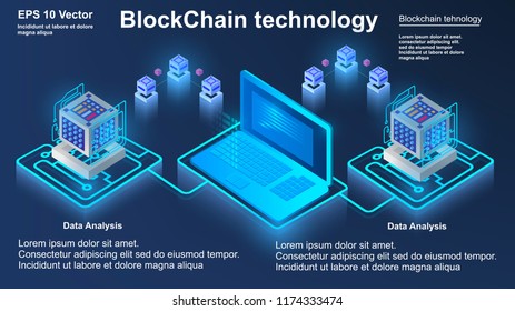 Blockchain technology, concept of big data processing, isometric data center, vector information processing and storage