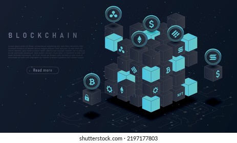 Blockchain technology concept. Cryptocurrency, modern technologies and digital world, innovations. Programming and coding. Security of online transactions, NFT. Cartoon isometric vector illustration