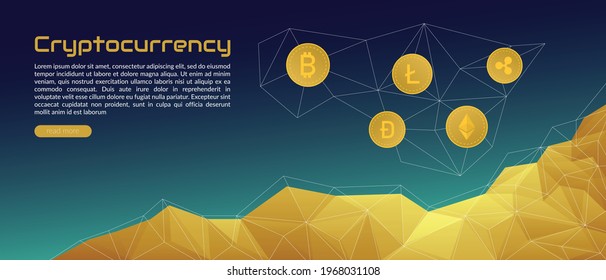 Blockchain technology concept, cryptocurrency. Working with tokens on the Internet, security. Futuristic background with elements in techno style microchips. Design banner template for web. Copyspace.