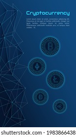 Blockchain technology concept, cryptocurrency. Working with tokens on the Internet, security. Futuristic background with elements in techno style microchips. Design banner template for web. Copyspace.