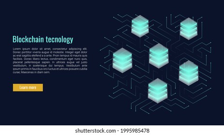 Blockchain technology concept, cryptocurrency. Working with tokens on the Internet, security. Futuristic background with elements in techno style microchips. Design banner template for web. Copyspace.