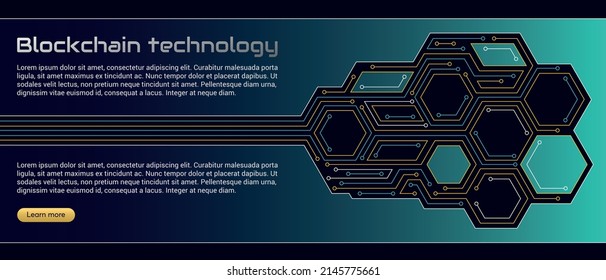 Concepto de tecnología Blockchain, criptodivisa. Trabajando con fichas en Internet, seguridad. Fondo futurista con elementos en microchips estilo tecno. Diseñar plantilla de banner para web. Copyspace.
