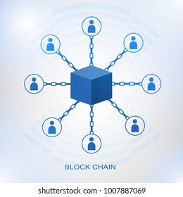 Blockchain technology concept. Cubic nodes connected by chain. Isometric vector illustration of distributed database for cryptography, virtual money, secure e-business or web security.