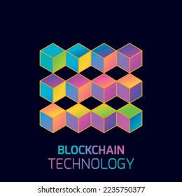 Blockchain technology concept. Cubic nodes connected by chain. Isometric vector illustration of distributed database for cryptography, virtual money, secure e-business or web security.