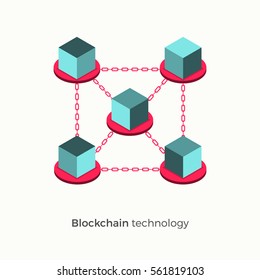 Blockchain technology concept. Cubic nodes connected by chain. Isometric vector illustration of distributed database for cryptography, virtual money, secure e-business or web security.