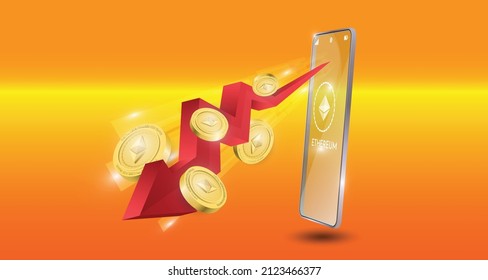 blockchain technology concept with downtrend red arrow with ethereum coin background. Realistic vector illustration.