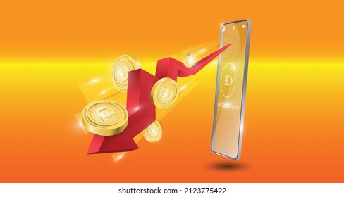 blockchain technology concept with downtrend red arrow with dogecoin background. Realistic vector illustration.