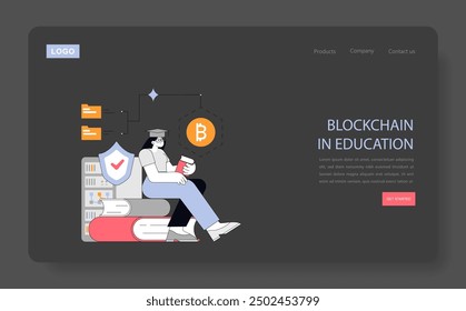 Blockchain technology concept in education featuring a graduate receiving a digital Bitcoin certificate. Secure digital ledger integration. Vector illustration.