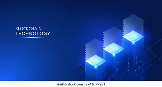 Blockchain technology concept with glowing isometric blocks and network lines on a dark blue background with copy space for digital data security.