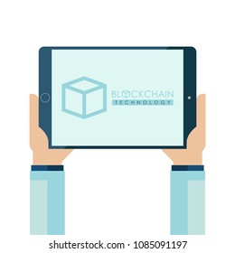 Blockchain technology concept with human hands holding tablet pc. Cryptocurrency data protection technology. Flat design vector illustration.