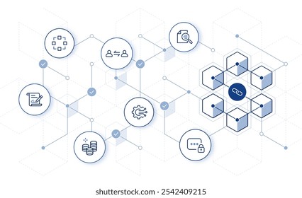 Tecnologia Blockchain. ícones conceito blockchain com fundo hexágono abstrato