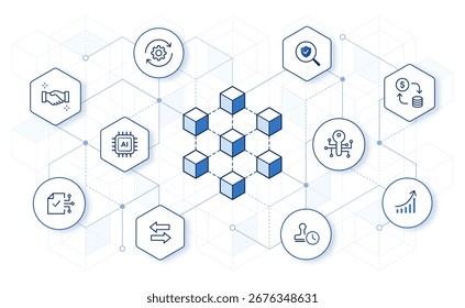 Konzept der Blockchain-Technologie. Blockchain-Symbole auf hexagonalem Netzwerkhintergrund, Vektorgrafik