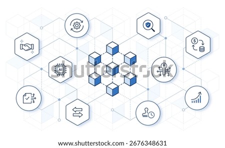 Blockchain technology concept. Blockchain icons on hexagon network background vector  illustration