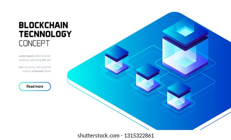 Blockchain technology concept, internet connection, futuristic server room, isometric vector illustration