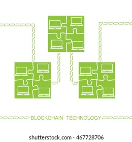 Blockchain technology concept. Laptops forming jigsaw puzzle block connected by chain. Vector illustration of distributed database for web security, cryptography, virtual money, secure e-business.