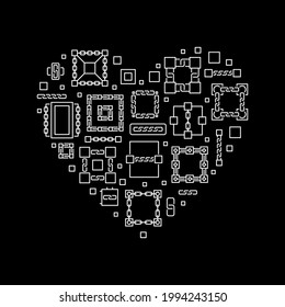 Tecnología de cadena de bloqueo concepto Banner lineal o ilustración de forma de corazón vectorial en fondo oscuro
