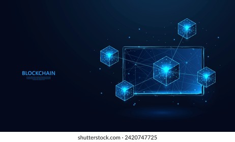 Concepto de tecnología Blockchain en pantalla de tableta abstracta con un estilo futurista de estructura de baja polilla. Fondo azul con una salpicadura de estrellas brillantes.