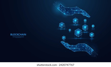 Concepto de tecnología Blockchain en mano abstracta con un estilo futurista de estructura de baja polilla. Fondo azul con una salpicadura de estrellas brillantes.