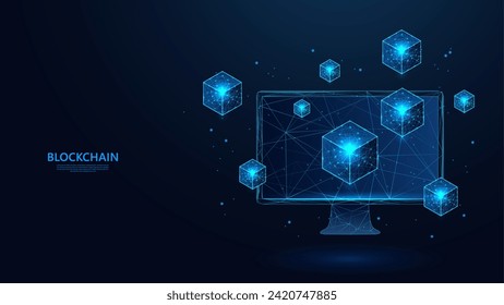 Blockchain technology concept on abstract monitor screen in low poly wireframe futuristic style. Blue background with a sprinkling of shining stars.